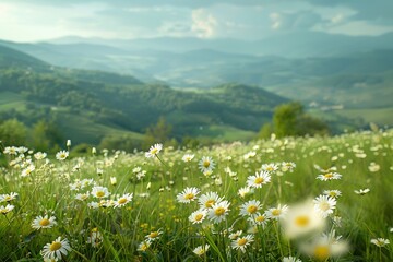 Beautiful daisy field in a lush green mountain landscape. with soft blur and light. Generative AI