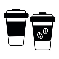 2 disposable black and white coffee cups with lid in minimalistic style. Logo or icon design concept