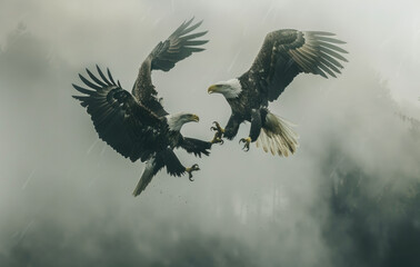 A white-tailed eagle and a golden eagle fighting in the air