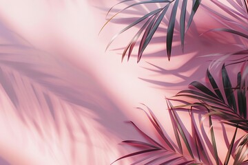 Tropical Green Palm Leaves Casting Shadows on Pink Background &ndash; Minimalist Summer Concept for Beauty, Wellness, and Modern Design. Generative AI