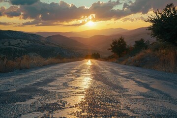 Scenic Road Leading into Sunset with Mountain Range in Background &ndash; Dramatic Landscape Photography Symbolizing Journey, Freedom, and Adventure. Generative AI