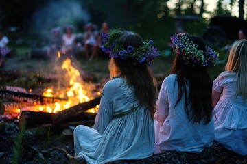 Midsummer night celebration. Summer solstice holiday ritual. Girls and women dressed in dresses and flower crowns looking at midsummer bonfire in lush green rural landscape. Generative AI