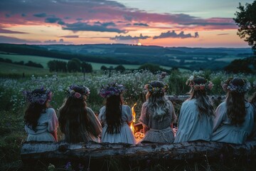 Midsummer night celebration. Summer solstice holiday ritual. Girls and women dressed in dresses and flower crowns looking at midsummer bonfire in lush green rural landscape. Generative AI