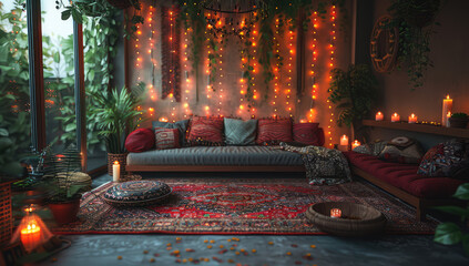 Living room interior with lights decoration and sofa. Created with Ai