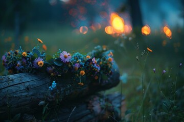 Midsummer night celebration. Wooden log with flower crown and fire in lush green rural landscape.. Generative AI