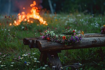 Midsummer night celebration. Wooden log with flower crown and fire in lush green rural landscape.. Generative AI