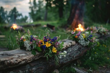 Midsummer night celebration. Wooden log with flower crown and fire in lush green rural landscape.. Generative AI - obrazy, fototapety, plakaty