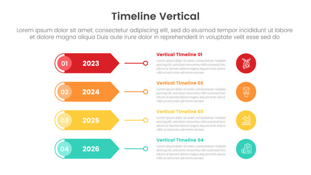 vertical timeline milestone infographic template banner with round rectangle and sharp arrow with 4 point list information for slide presentation