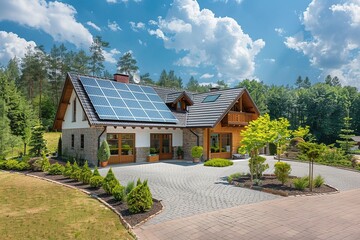 Suburban modern home with solar panels eco friendly house in lush environtment. Generative AI