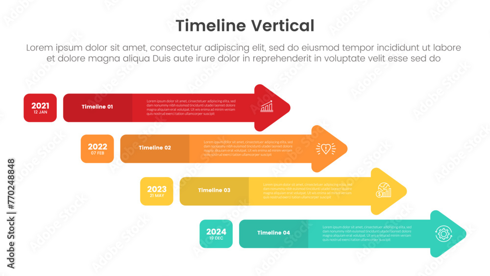 Poster vertical timeline milestone infographic template banner with round arrow waterfall stack with 4 poin