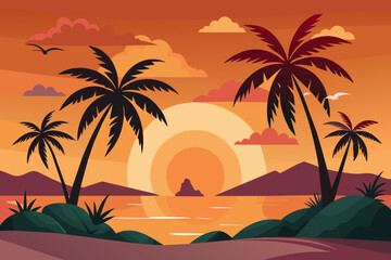 Fototapeta na wymiar island sunset vector illustration