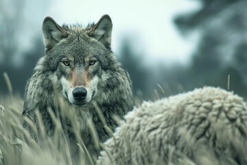 Lone Gray Wolf Standing Among Sheep &ndash; Surreal Wildlife Concept Symbolizing Deception, Danger, and Hidden Threat in Nature. Generative AI