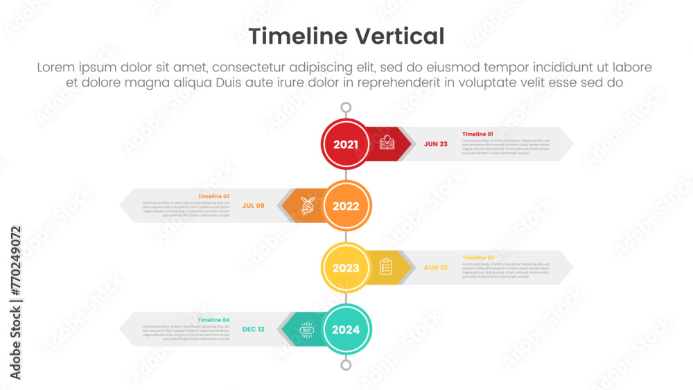 Poster vertical timeline milestone infographic template banner with big circle and arrow rectangle with 4 p
