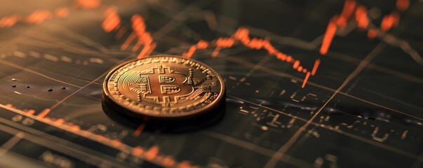 Macro view of a single coin on a fluctuating stock chart, illustrating the fragility of savings during a crisis.