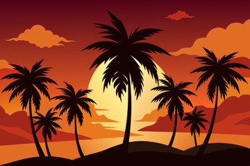 Fototapeta na wymiar silhouette of palm tree with sunset vector illustration