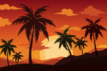 Fototapeta na wymiar silhouette of palm tree with sunset vector illustration