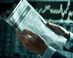 Naklejka premium A business person’s hand clutching a financial newspaper, highlighting market crashes.