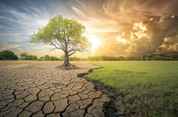 A striking visual metaphor of the environmental impact, with one side showing dry cracked land and an empty tree without leaves on it and the other half a green grassy field with trees full of life - obrazy, fototapety, plakaty