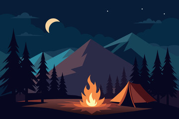 a camp and bonefire in forest with dark night