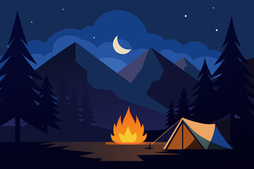 a camp and bonefire in forest with dark night
