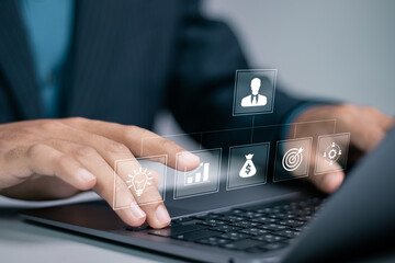 Successful business concept, entrepreneurship, leadership organizational skills. Businessman using...