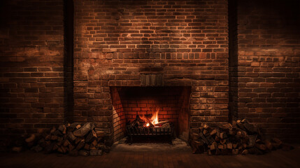 a brick fireplace in a fire burns