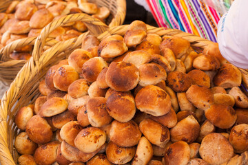 Photograph of artisan bread at a local fair in Peru. Concept of food and culture.