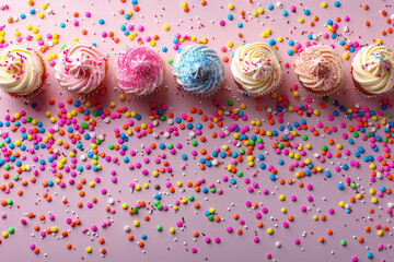 Pink and white swirls of frosting on cake, sprinkles scattered across the surface, beautiful, colorful, highly detailed, hyper realistic, dreamy, photography. Created with Ai