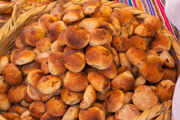 Photograph of artisan bread at a local fair in Peru. Concept of food and culture.