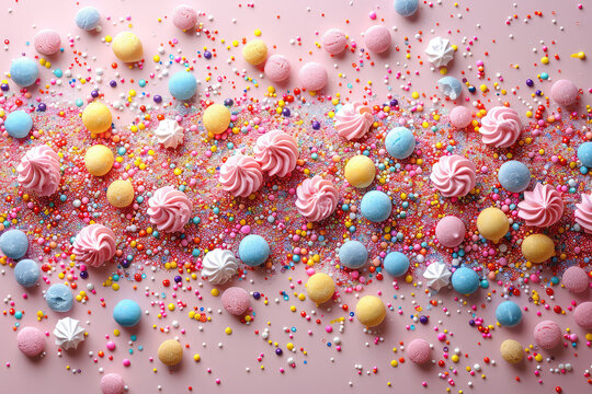 Pink cream background with colorful sprinkles and pink meringue cookies. The texture of the cream is soft, creating an elegant pattern on top. Created with Ai