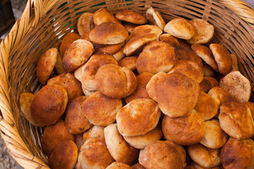 Photograph of artisan bread at a local fair in Peru. Concept of food and culture.