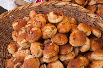 Photograph of artisan bread at a local fair in Peru. Concept of food and culture.