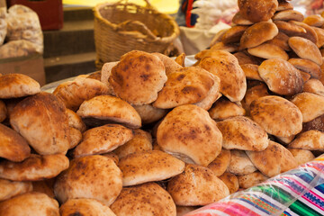 Photograph of artisan bread at a local fair in Peru. Concept of food and culture.