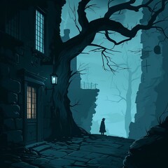 Capture the eerie atmosphere of a psychological thriller with a worms-eye view Show a haunting scene from a unique perspective to build tension and mystery - obrazy, fototapety, plakaty