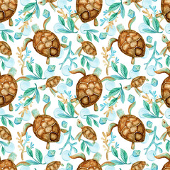 Seamless watercolor pattern with sea turtles, algae, corals, air bubbles. Underwater world, scuba diving. Design for wrapping paper, printing on fabric.