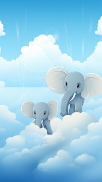 Elephants with wings soaring high above the clouds cute
