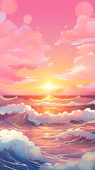 Fototapeta na wymiar A pink sea at sunset its waves whispering tales of ancient