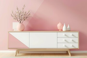 white and pink modern wooden buffet with rack and drawer