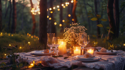 A candlelit dinner for two in a dreamy forest glade creates an enchanting atmosphere for a romantic evening. . . - obrazy, fototapety, plakaty