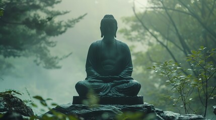 a statue sitting on top of a rock in the woods