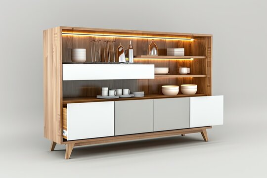 white and grey modern wooden buffet with rack and drawer