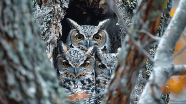 A family of owls nestles in the branches of a tree their hoots echoing through the calm forest. . .