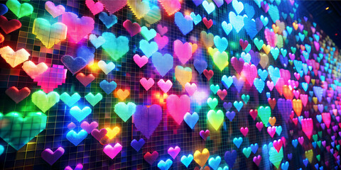 Vibrant pixelated hearts dancing across the screen with neon grow