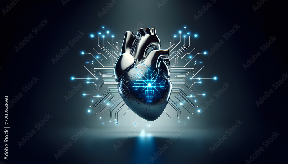 Aufkleber stylized metallic heart with integrated circuits and glowing nodes on a tech background.