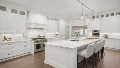beautiful modern light and bright white kitchen with center island and white cabinetry