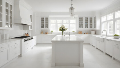 Fototapeta na wymiar beautiful modern light and bright white kitchen with center island and white cabinetry