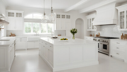 Fototapeta premium beautiful modern light and bright white kitchen with center island and white cabinetry