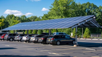 In the parking lot covered solar panel awnings provide shade for cars while also supplying energy for the schools electric vehicles. . . - obrazy, fototapety, plakaty