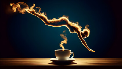 The steam from a cup of hot coffee on a wooden table turns into a beautiful golden swimmer. - obrazy, fototapety, plakaty