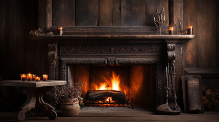old wooden table and fireplace with warm fire at home